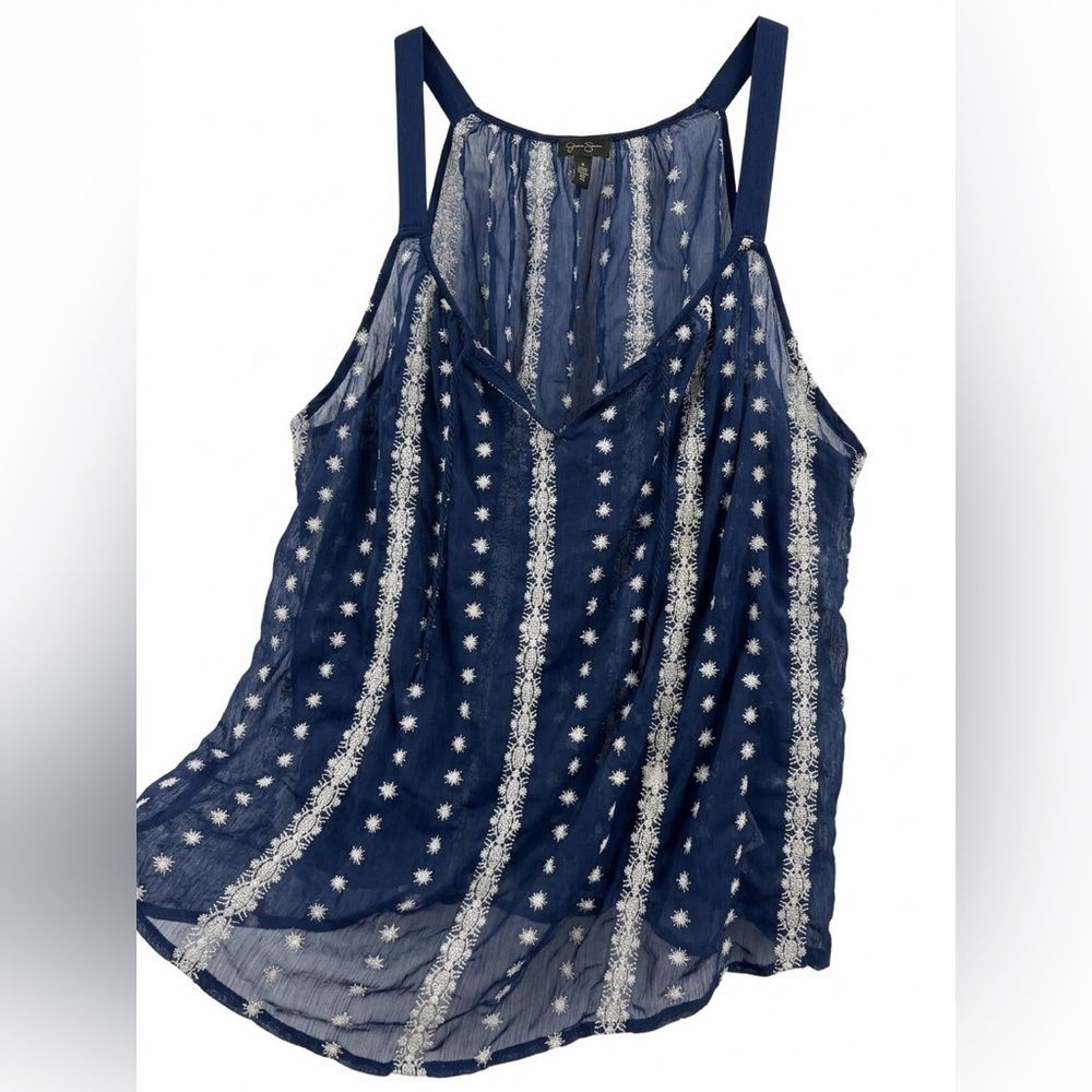 Jessica Simpson Floral Embroidered Chiffon Boho Tank Blue Sheer Swing Cami 2X